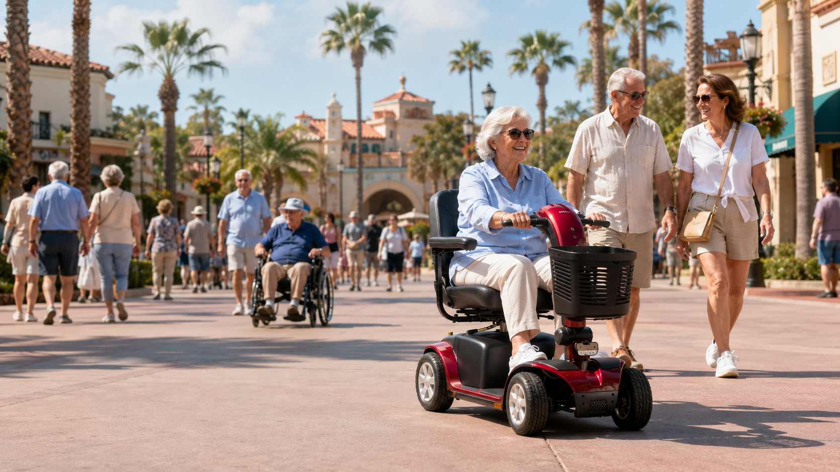 A visitor riding a red four-wheel mobility scooter with family walking alongside.