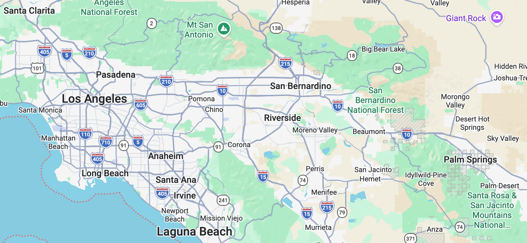 Map of Southern California service area, including Los Angeles, Anaheim, and Palm Springs.
